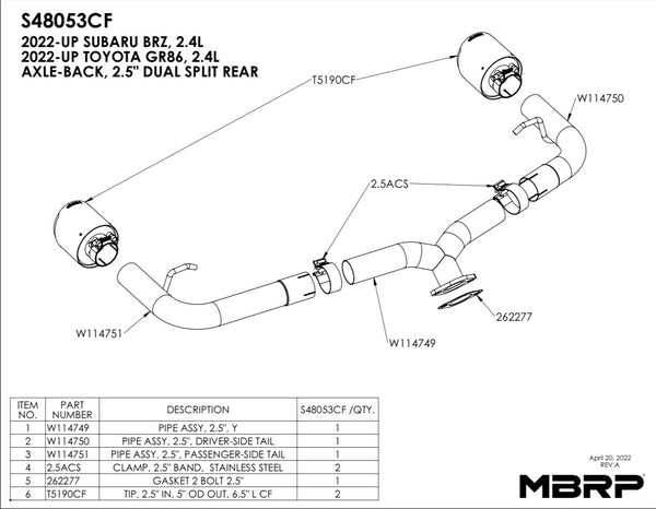 MBRP 2022 Subaru BRZ 2.4L/Toyota GR86 2.4L 2.5in Dual Split Rear Exit w/5in OD CF Tips - T304